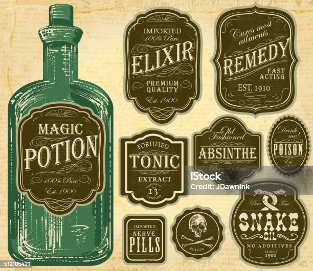 Set Of Assorted Old Fashioned Green And Brown Labels Bottles Stock Illustration - Download Image Now