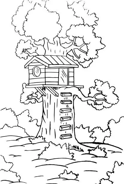 Vector illustration of Small house in tree sketch