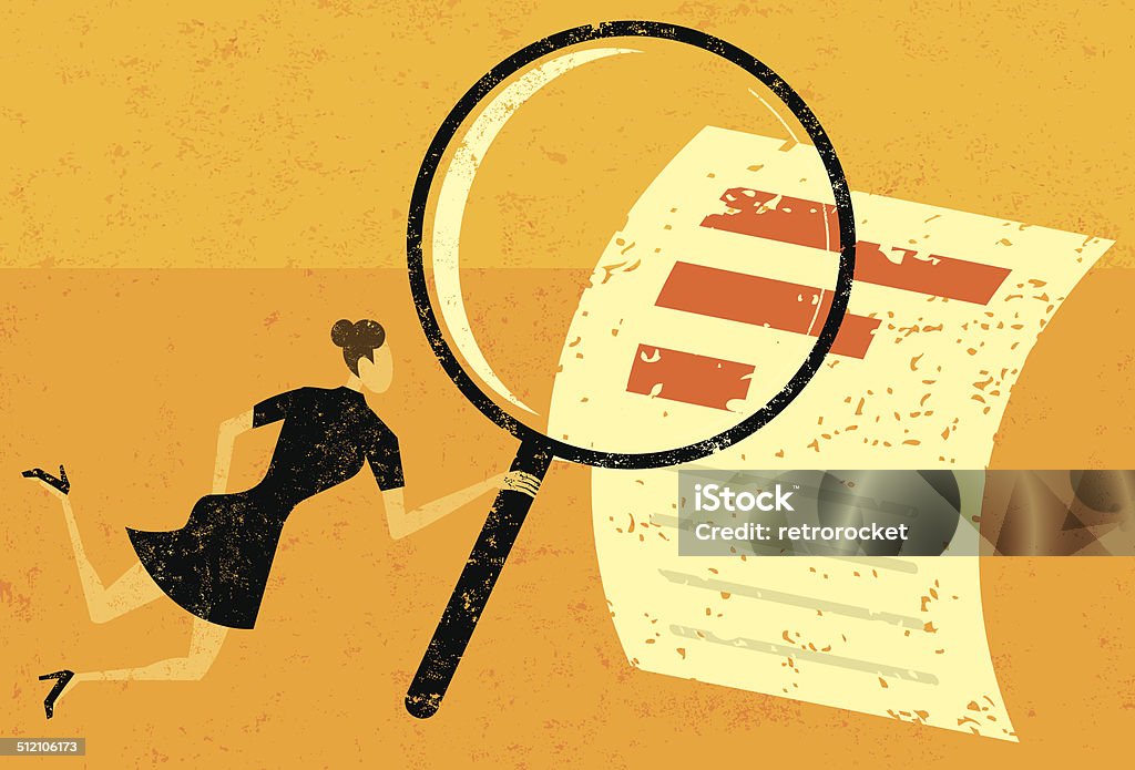 Examining Financial Data A woman looking through a magnifying glass at a financial document over an abstract background. The woman & magnifying glass, financial document, and the background are on a separate labeled layers. Detective stock vector