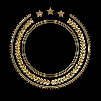 high quality metal badge template with laurel wreath and stars, award, seal, decoration, insignia. isolated on black background.