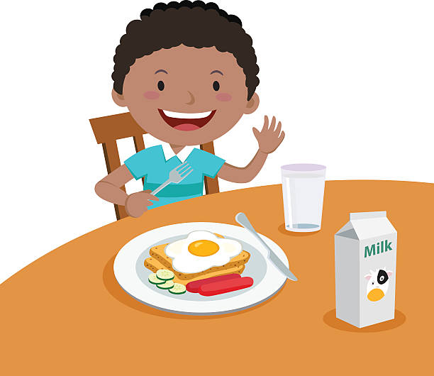 ilustraciones, imágenes clip art, dibujos animados e iconos de stock de niño comiendo desayuno - plate hungry fork dinner