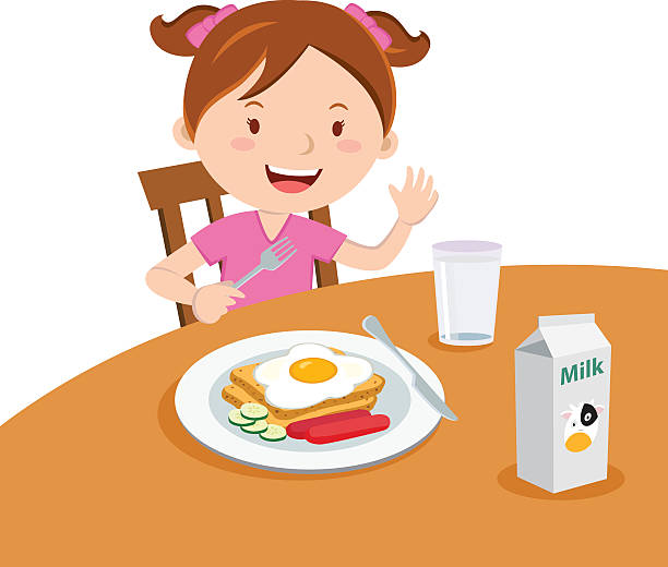 ilustraciones, imágenes clip art, dibujos animados e iconos de stock de chica comiendo desayuno - plate hungry fork dinner