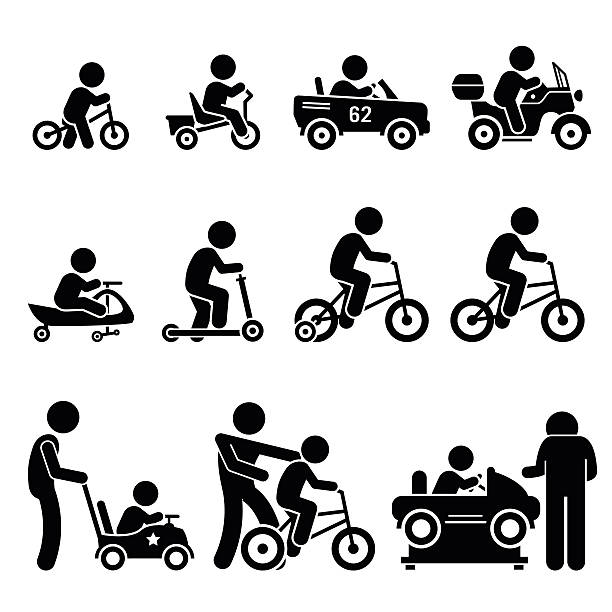 Small Children Riding Toy Vehicles and Bicycle Illustrations Vector set of small young children riding on different types of vehicles that include self-balancing bike, electric toy cars, scooters, and bicycle.  tricycle stock illustrations