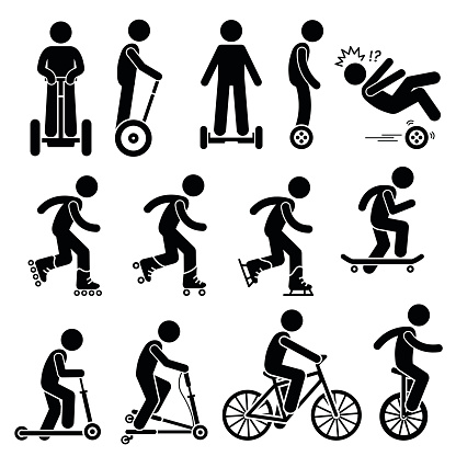 Vector set of park riding vehicles and equipment that includes electric scooter, self-balancing 2 wheels, inline skating, roller skates, ice skating, skateboards, scooter, breaststroke scooter, bicycle, and unicycle.