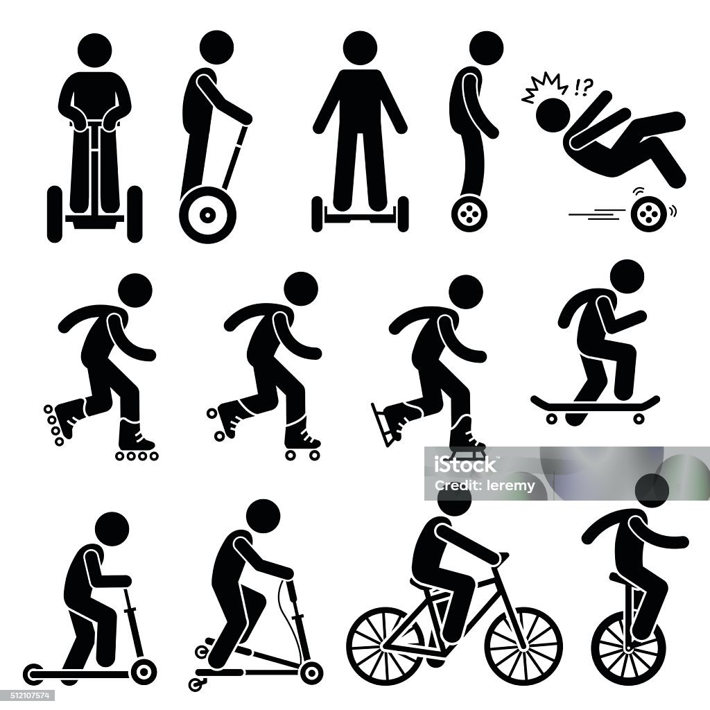 Park Ride Vehicles Illustrations Vector set of park riding vehicles and equipment that includes electric scooter, self-balancing 2 wheels, inline skating, roller skates, ice skating, skateboards, scooter, breaststroke scooter, bicycle, and unicycle. Icon Symbol stock vector