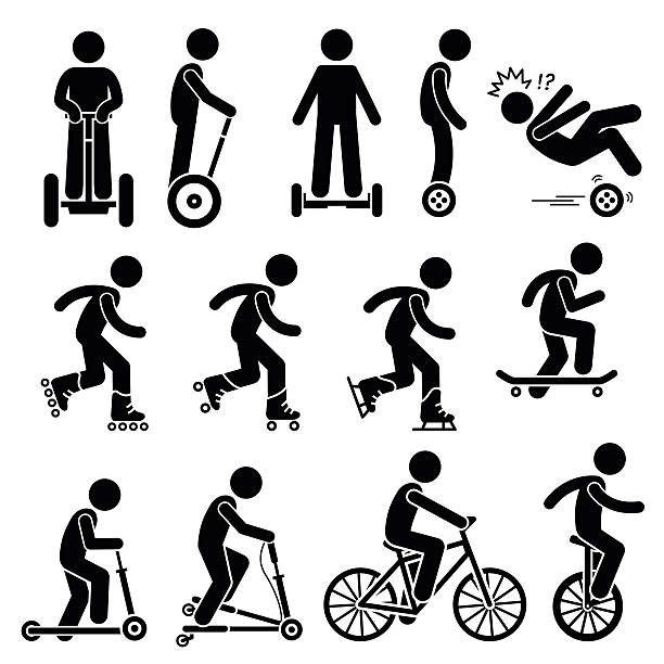 Park Ride Vehicles Illustrations Vector set of park riding vehicles and equipment that includes electric scooter, self-balancing 2 wheels, inline skating, roller skates, ice skating, skateboards, scooter, breaststroke scooter, bicycle, and unicycle. scooter stock illustrations