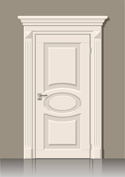 White door in the wall Wooden door in vector graphics on the wall in the interior of the room moulding door jamb wood stock illustrations