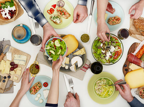 istock View from above the table of people eating 512108784