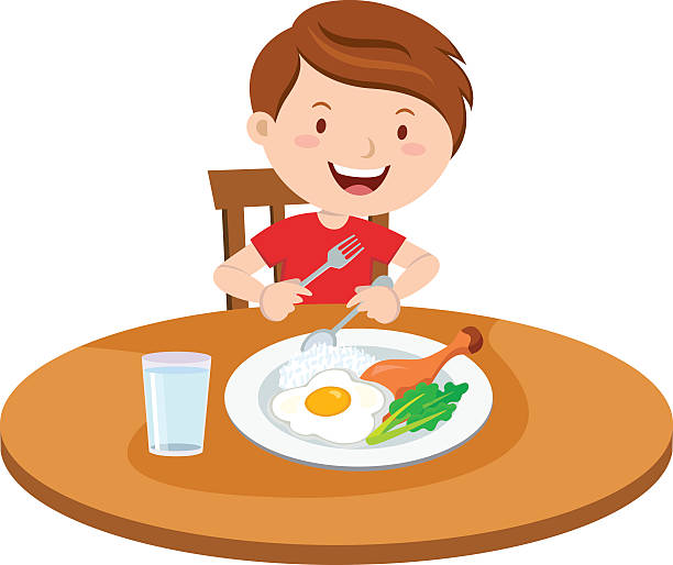 ilustraciones, imágenes clip art, dibujos animados e iconos de stock de niño comiendo comida - plate hungry fork dinner