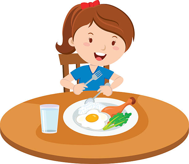 dziewczynka jedzenie posiłek - spoon vegetable fork plate stock illustrations