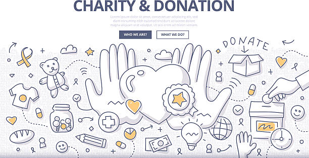 wohltätige spende &  doodle-konzept - currency jar coin donation box stock-grafiken, -clipart, -cartoons und -symbole