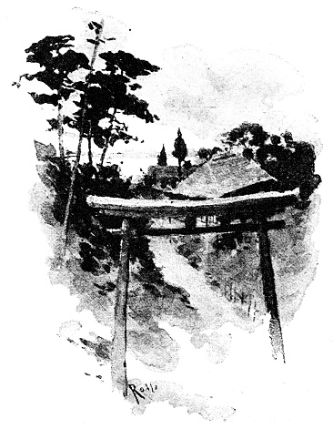 Antique dotprinted watercolor illustration of Japan: Torii Gate