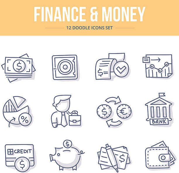 Finance & Money Doodle Icons Doodle line icons of banking, investing, financial services, money saving. Vector illustration concepts bank financial building drawings stock illustrations