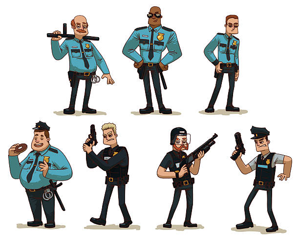 illustrazioni stock, clip art, cartoni animati e icone di tendenza di gruppo di poliziotti - badge blue crime law