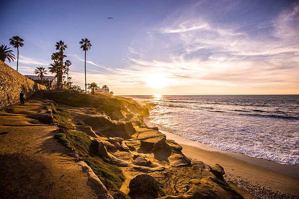 La Jolla, California, USA  - January 20, 2016: People enjoying sunset on La Jolla Beach, California, USA