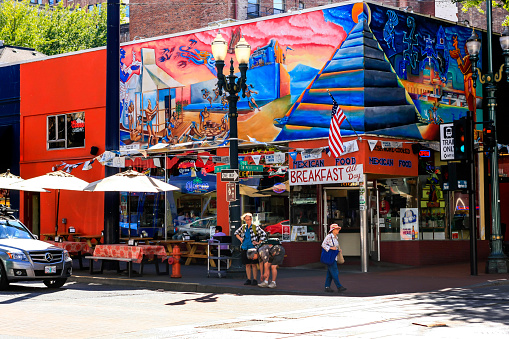 Portland, OR, USA - July 17, 2015: People outside the Mexican restaurant on Morrison and 10th in downtown Portland Oregon