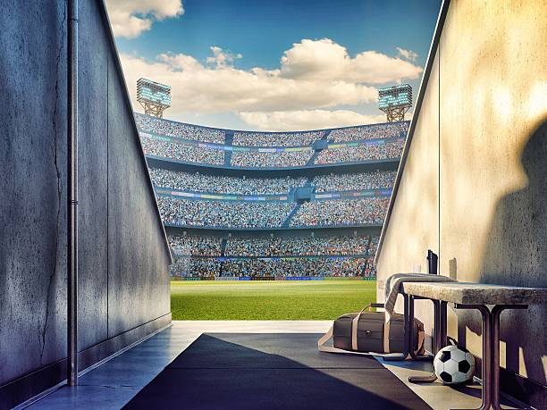 サッカースタジアムの眺めをもつ「プレーヤーズ区 - 試着室 ストックフォトと画像