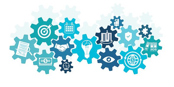 Business icons in cog wheel, business mechanism concept, machine part, gears and icons for strategy, shake hands, watch a contract, come to an agreement, business thriving, give the target, gears, vibrant Color, service, analytics, technology, research, seo,  media, social networking, digital marketing, communicate concepts, digital marketing,digital communication - Concept. Very easy to manipulate, elements are on a different layers.