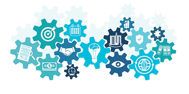 Business icons in cog wheel Business icons in cog wheel, business mechanism concept, machine part, gears and icons for strategy, shake hands, watch a contract, come to an agreement, business thriving, give the target, gears, vibrant Color, service, analytics, technology, research, seo, media, social networking, digital marketing, communicate concepts, digital marketing,digital communication - Concept. Very easy to manipulate, elements are on a different layers. aligned goals stock illustrations