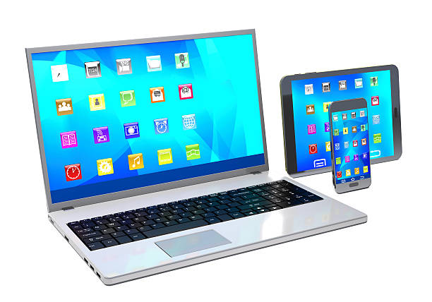 Modern laptop, tablet pc and mobile phone on white background.