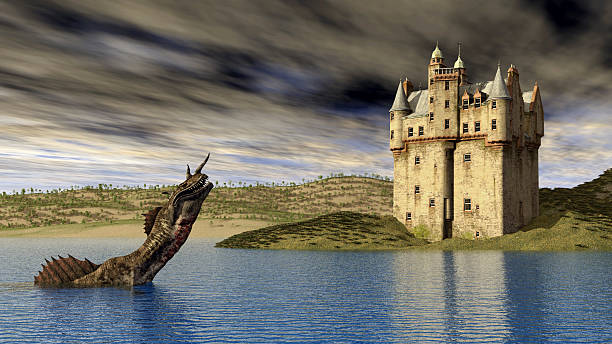 Loch Ness Monster and Scottish Castle Computer generated 3D illustration with Loch Ness Monster and Scottish Castle scottish highlands castle stock pictures, royalty-free photos & images