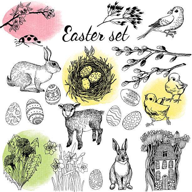 Happy Easter Happy Easter cards design setHappy Easter cards design set easter easter egg eggs basket stock illustrations