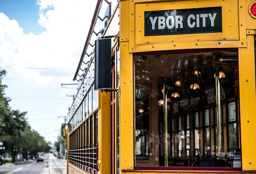 Photo of a trolley car in the Ybor City historic district in Tampa Florida.