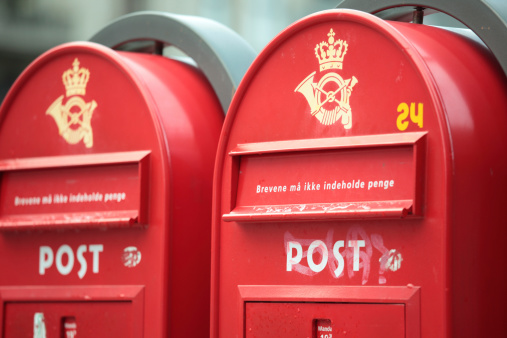 Two red post boxes in Copenhagen, Denmark
