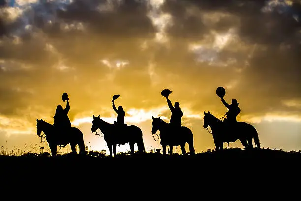 Sunset Silhouette of Horse Riders on Ridge in California