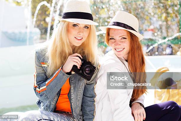 Two Teenagers Girl Taking Selfe With Camera Stock Photo - Download Image Now - 20-29 Years, Adult, Autumn