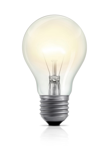 A light bulb with glowing filament, isolated on white background. Vertical version.
