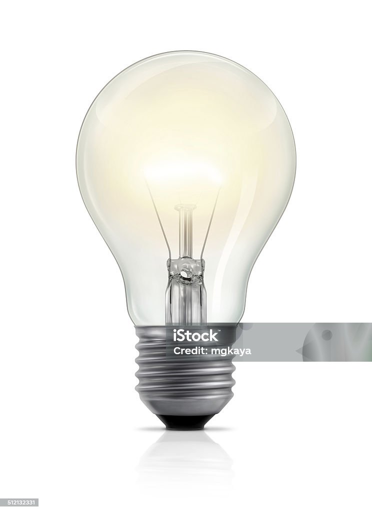 Glowing Light Bulb A light bulb with glowing filament, isolated on white background. Vertical version. Light Bulb Stock Photo
