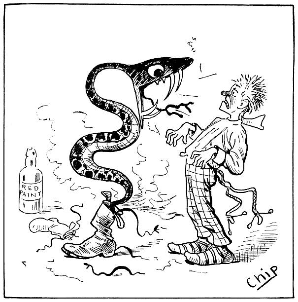 Man frightened by an angry-looking snake A man, who is getting dressed, is terrified by a large venomous-looking snake which has popped out of one of his boots. Of course, by the look of his nose, he might have been drinking - it might all be in his imagination. From “Chip’s Un-Natural History” published in New York by Frederick A Stokes & Brother in 1888. ‘Chip’ was the American artist, illustrator and cartoonist Frank P.W. Bellew. undressing stock illustrations