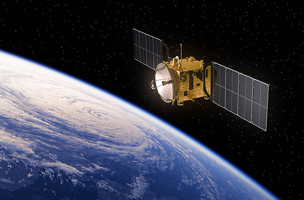 Satellite Orbiting Earth Satellite Orbiting Earth. 3D Scene. satellite view stock pictures, royalty-free photos & images