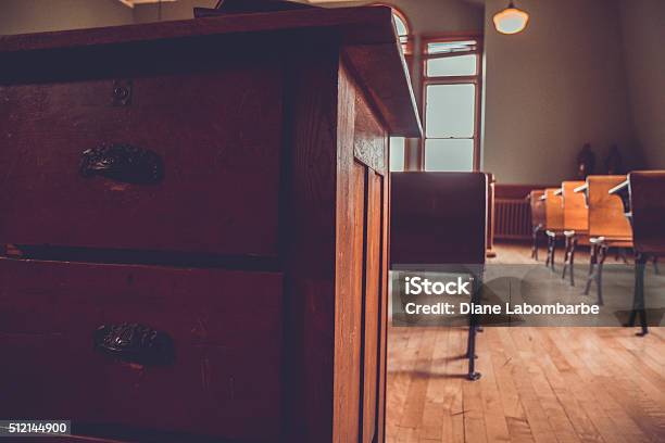 Rows Of Vintage Student Desks In An Old Schoolhouse Stock Photo - Download Image Now
