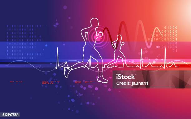 Running Excercise With Heartbeat Waveform Background Stock Illustration - Download Image Now