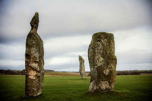 The ancient standing stones at Lundin Links in Fife, on the east coast of Scotland. Standing seventeen feet tall, they are one of the many prehistoric stone circles in Scotland.