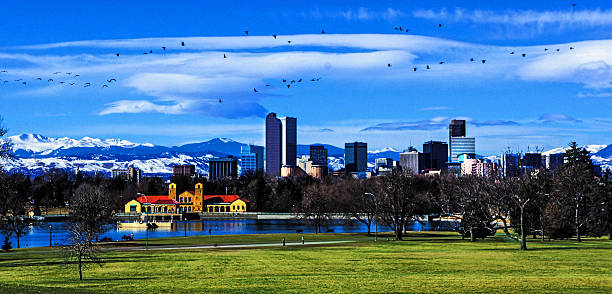 Downtown Denver with Rocky Mountains from City Park stock photo