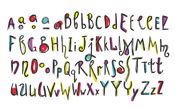 Doodle colorful kids alphabet Doodle colorful kids alphabet, vector hand drawn letters and figures decorated with colored floral and ethnic style elements. For kids books, posters, postcard typography cute entertainment stock illustrations