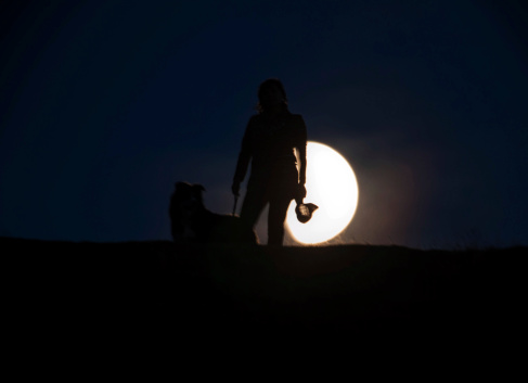 Mature hispanic woman and collie outlined by moon