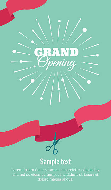 Grand opening vertical banner. Grand opening vertical banner. Text with  firework and ribbons. Flat style. Vector Illustration opening event stock illustrations