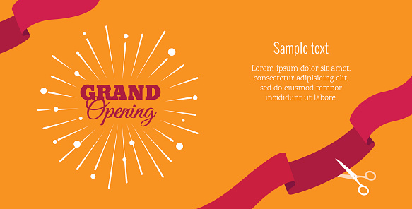 Grand opening horizontal banner. Text with  firework and ribbons. Flat style. Vector Illustration
