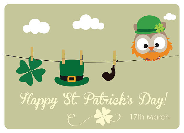 ilustrações de stock, clip art, desenhos animados e ícones de coruja sentado perto de santo patrick dia de símbolos - owl clover