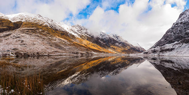 Panoramic view of Loch Achtriochtan in Glencoe, Scotland.