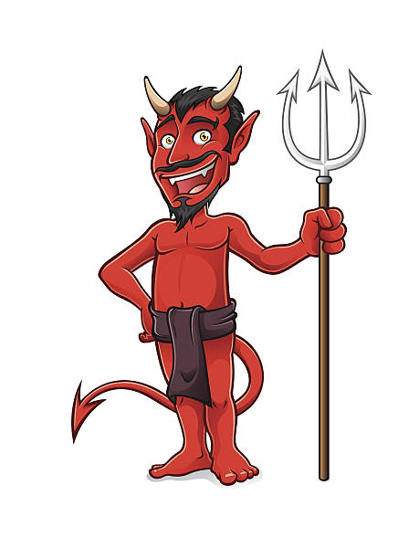 Devil devil is standing and holding a pitchfork with a smile and hands on hips cartoon of the devils pitch fork stock illustrations