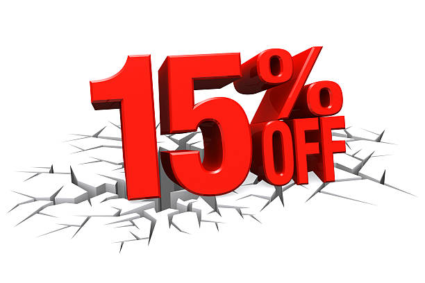 istock 3D red text 15 percent off on white crack floor. 512156749