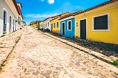Colorful buildings in the row in Brazilian town. Alcantara, Maranhao.