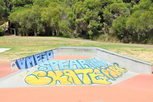 Spearwood,WA,Australia-January 5,2016: Box ramp and rails at Spearwood Skate Park recreation area in Spearwood, Western Australia.