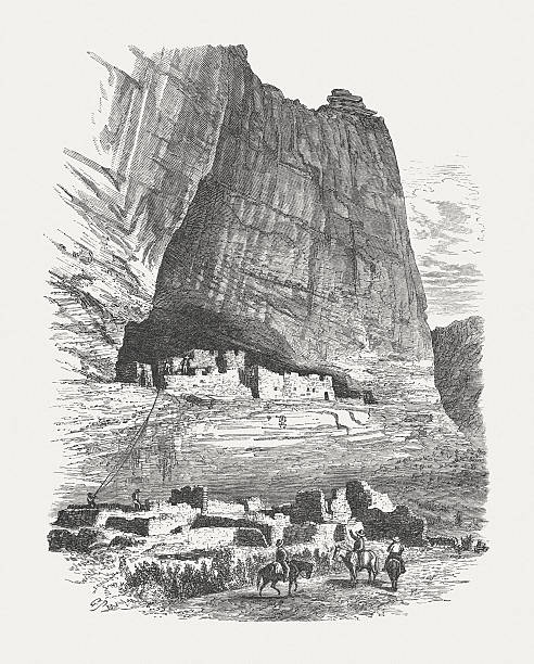 ilustraciones, imágenes clip art, dibujos animados e iconos de stock de ruinas de anasazi de personas, arizona, estados unidos, madera, publicado 1880 grabado - anasazi