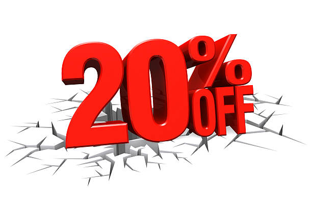 istock 3D red text 20 percent off on crack hole floor. 512157987